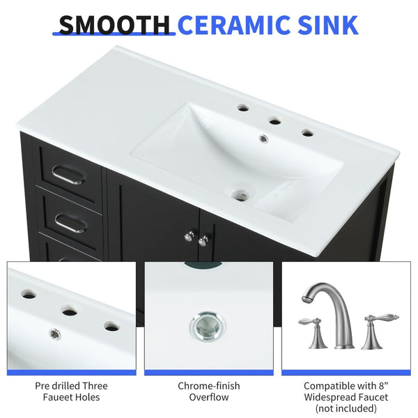 English Elm 36" Freestanding Bathroom Vanity Solid Wood Mdf Cabinet Ceramic Undermount Sink Open Shelf Black N725P364203B