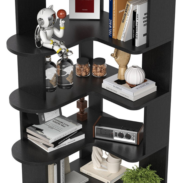 English Elm 5-tier Corner Bookcase L-shaped Freestanding Open Shelf Display for Home Office Black T3623P436781