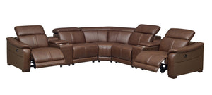 English Elm Leather Match Power Reclining Sectional with Storage Console and Adjustable Headrests Dark Brown B2748S00036