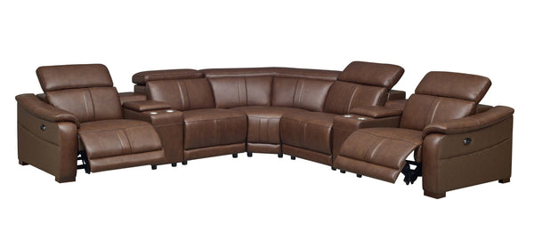 English Elm Leather Match Power Reclining Sectional with Storage Console and Adjustable Headrests Dark Brown B2748S00036