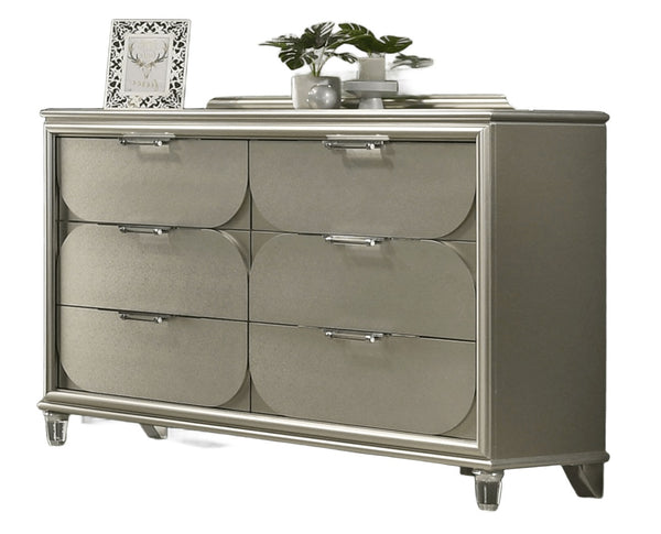 English Elm Contemporary Glam Acrylic-Handled 6-Drawer Dresser with Embossed Panels, Felt-Lined Jewelry Drawer Silver 66 L x 21 W x 40 H B2741P351980