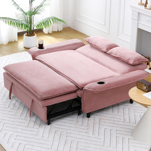 English Elm 65.74-inch convertible letter sofa bed with adjustable armrests, pull-out extension, cup holders, durable frame and plush sponge cushions Pink W3371P311783