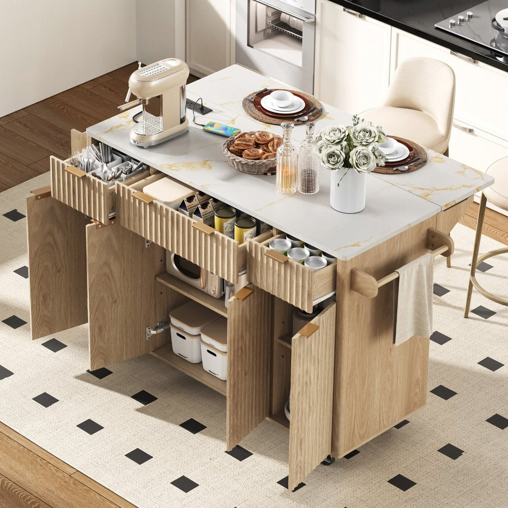 English Elm K&k Fluted Rolling Kitchen Island Faux Marble Top Power Outlet Storage Drawers Natural N707P353945Y