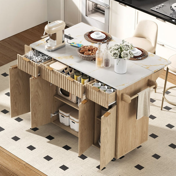 English Elm K&k Fluted Rolling Kitchen Island Faux Marble Top Power Outlet Storage Drawers Natural N707P353945Y