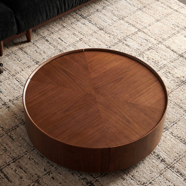 English Elm 35.4-inch Round Walnut Mosaic Coffee Table with Sculptural Iron Base for Living Rooms W5098P416512