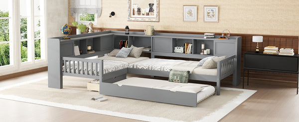 English Elm L-shaped Twin Platform Bed with Trundle, Solid Wood Corner Sleeper with Drawers, Shelves, No Box Spring Needed Grey W1580S00260