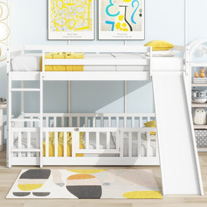 English Elm Twin Over Twin Floor Bunk Bed With Slide & Ladder - Solid Pine Wood, White Finish, Safe & Fun Design! W504S00190-GIGA