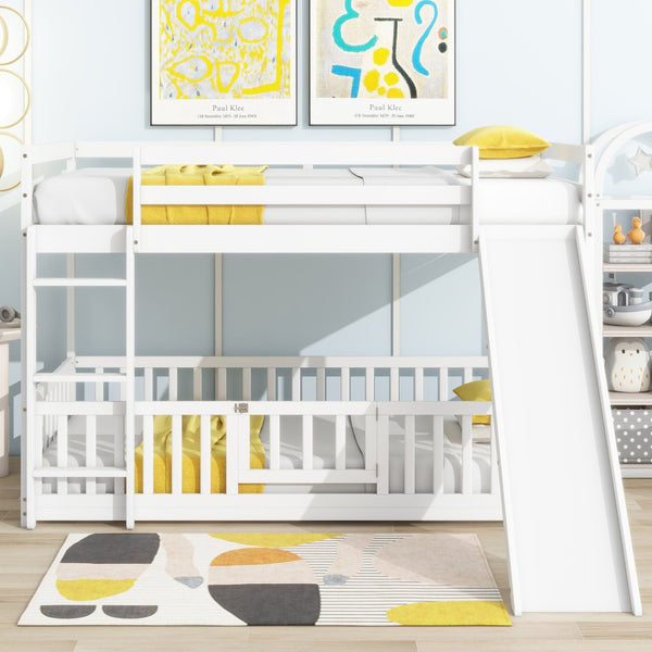 English Elm Twin Over Twin Floor Bunk Bed With Slide & Ladder - Solid Pine Wood, White Finish, Safe & Fun Design! W504S00190-GIGA