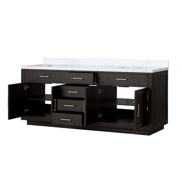 English Elm Abbey 84" Black Oak Double Bath Vanity with Carrara Marble Top, Solid Wood Frame & Soft-Close Drawers B2731P260873