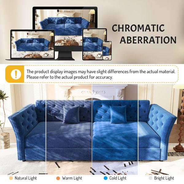 English Elm 100" Oversized Velvet Sleeper Sofa with Floral Tufted Cushions for Living Room Blue W1885S00303
