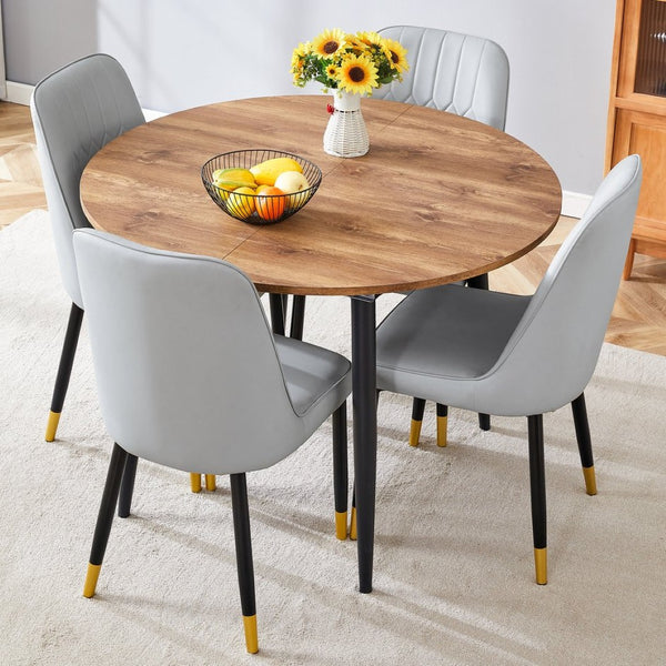English Elm Table Expandable Dining Set – Modern Round-To-Oval Wood Mdf Table With 4 Pu Cushion Chairs & Metal Legs W1151S03936-GIGA