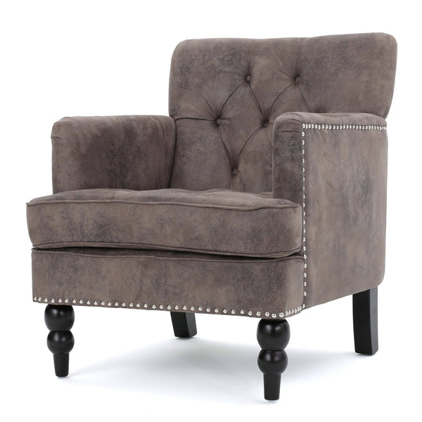 English Elm Christopher Knight Home® - HARRISON Tufted Club Chair with Diamond-Stitched Back, Nailhead Trim and Turned Birch Legs for Comfort and Style Grey+Brown 53444.00MFDBN