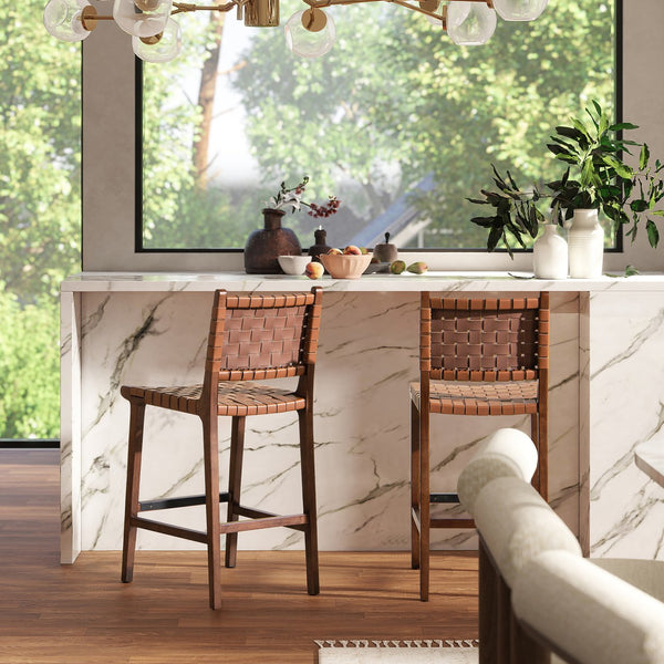 English Elm Jennifer Taylor Home - Andre Woven Leather Counter Stool 26" with Back in Pecan Brown Faux Leather, Rubberwood Frame & Brass Kickplate B2719P292909