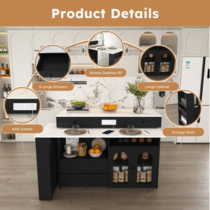 English Elm Kitchen Island Marble Veneer Retro Style Rotating Expandable Top Built-in Outlets Mdf Black W2700S00119