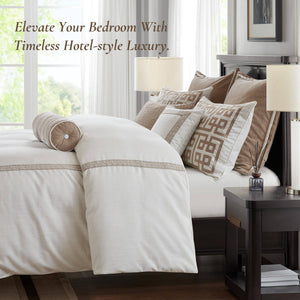 English Elm 9-piece King Bedding Set Velvet Slub Fabric Embroidered Comforter with Euro Shams Tan+Ivory B035P482956