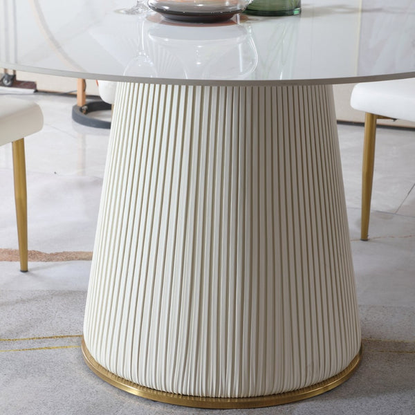 English Elm 53 Inch Round Sintered Stone Dining Table Carrara Marble Look Seats Eight W509S00172