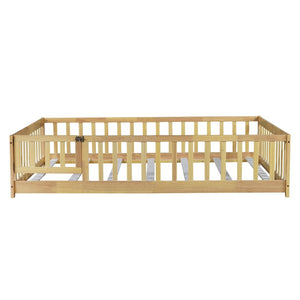 English Elm Twin Size Rubberwood Floor Bed with Safety Fence for Toddler Rooms Natural Finish W504P370533