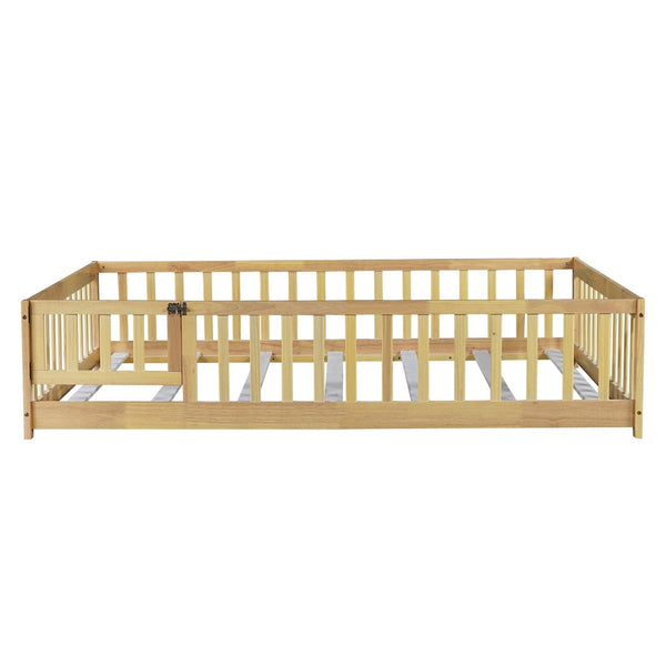 English Elm Twin Size Rubberwood Floor Bed with Safety Fence for Toddler Rooms Natural Finish W504P370533