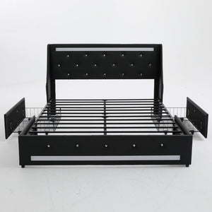 English Elm Queen Platform Bed Wingback Diamond Quilted Headboard Led Lighting Storage Drawers Black W5722P462684