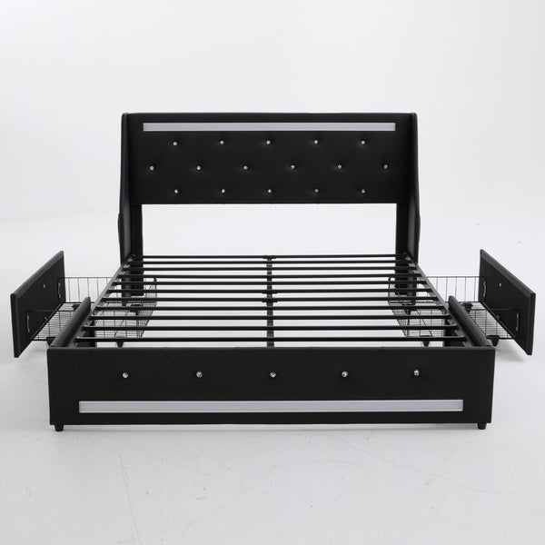 English Elm Queen Platform Bed Wingback Diamond Quilted Headboard Led Lighting Storage Drawers Black W5722P462684