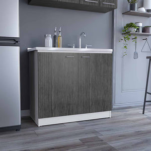 English Elm Freestanding Sink Cabinet With Double Doors & Adjustable Shelves In White And Smokey Oak Finish B097S00138