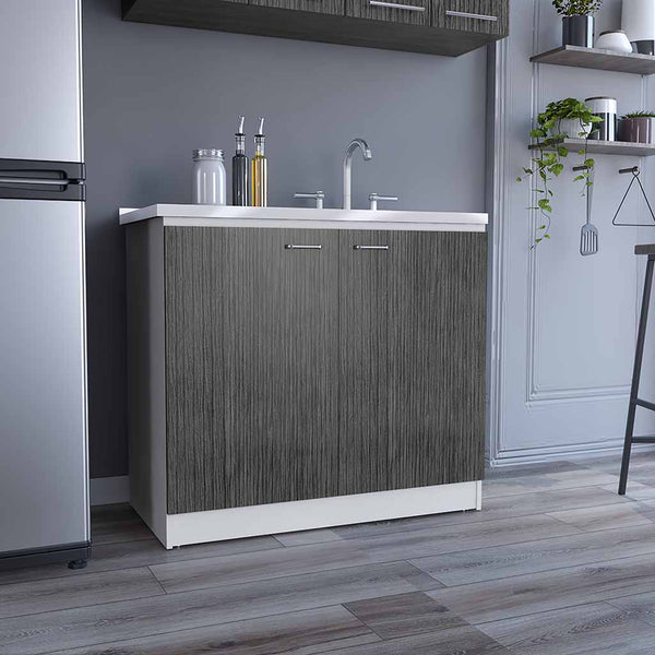 English Elm Freestanding Sink Cabinet With Double Doors & Adjustable Shelves In White And Smokey Oak Finish B097S00138