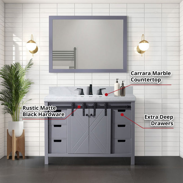English Elm Dark Grey Bath Vanity Set With Carrara Marble Countertop, Matte Black Faucet & 44" Mirror Ensemble B2731S01278