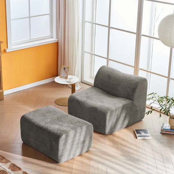 English Elm Ultra-Comfortable Velvet Compressed Foam Sofa Chair with Ottoman and Pillow — Space-Saving Lounge Solution Gray W1765P342025