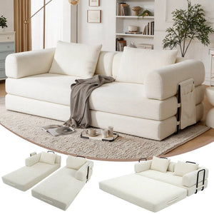 English Elm 78 Inch Corduroy Convertible Sofa Sleeper Futon with Foldable Armrests for Studio Rooms Beige W5385P455031