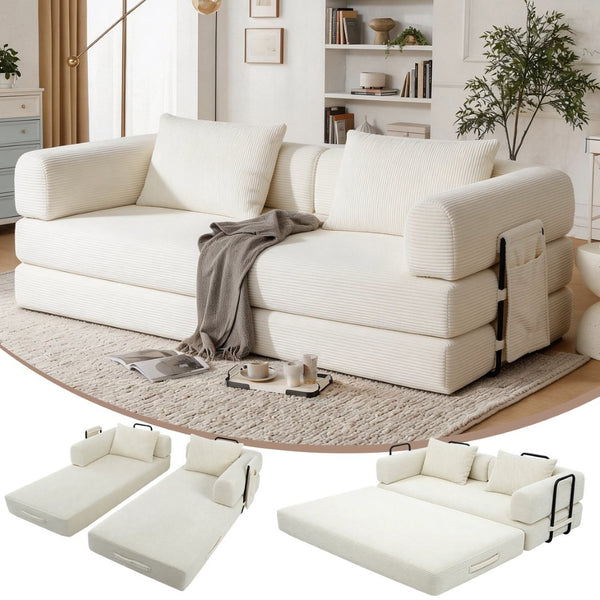 English Elm 78 Inch Corduroy Convertible Sofa Sleeper Futon with Foldable Armrests for Studio Rooms Beige W5385P455031