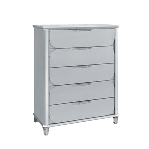 English Elm LAURA Solid Wood Chest with Spacious Drawers, Sleek Metallic Finish, Bun Feet & Acrylic Accent Legs Silver 40.87 L x 20.16 W x 50.16 H B201P294307
