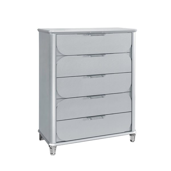 English Elm LAURA Solid Wood Chest with Spacious Drawers, Sleek Metallic Finish, Bun Feet & Acrylic Accent Legs Silver 40.87 L x 20.16 W x 50.16 H B201P294307