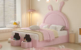 English Elm Full Size Upholstered Rabbit-Shape Bed With 2 Storage Stools, Velvet Platform Bed With Cartoon Ears Shaped Headboard, Pink