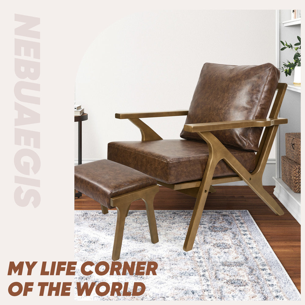 English Elm Mid-Century PU Leather Accent Chair with Ottoman — Ergonomic Thick Upholstery, Flared Legs, Durable Comfort Brown T3950P397488