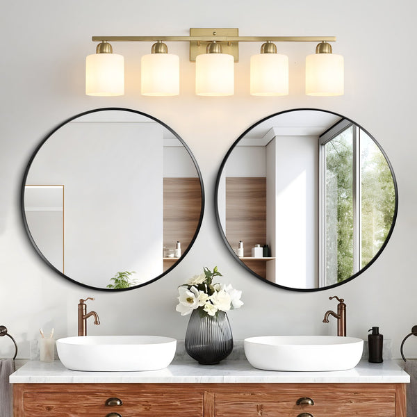English Elm Gold 5-Light Modern Vanity Light Fixture Over Mirror With Frosted Glass Shades For Elegant Illumination W2312P374857
