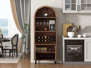 English Elm 71"Farmhouse Arched Wine Bar Cabinet with 15 Bottle Racks, 16 Glass Holders, Anti-Tip Safety for Living/Dining Brown Oak W2977P338256