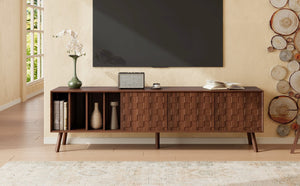 English Elm 68" Mid-century Walnut Media Console with Open Shelves and Soft-close Cabinet Storage N710P446195P