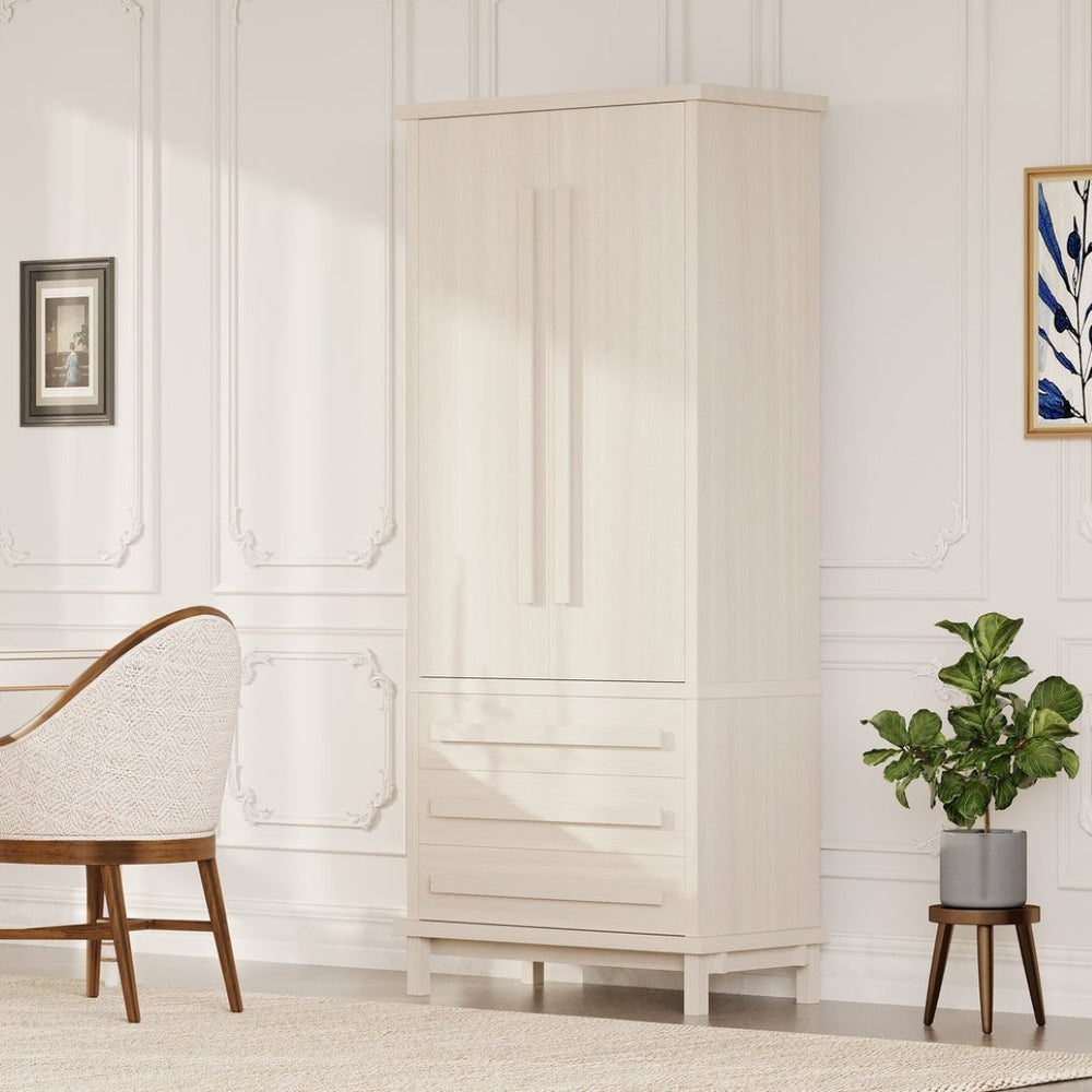 English Elm 70" Tall Pantry Cabinet Rubberwood Legs Three Drawers Six Door Shelves Kitchen Storage White N762P326960K