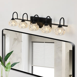 English Elm Retro 5-Light Bathroom Vanity Light Fixture - Black Finish With Crystal Glass Shades, Wall Mounted Lighting For Bathroom, Powder Room, and Vanity Mirror (No Bulbs)