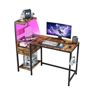 English Elm Computer Gaming Desk with RGB LED Lights, Reversible 4-Tier Shelves, Drawer & Headphone Hook, Space-Saving Workstation Brown W578P191951