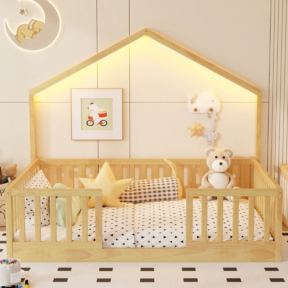 English Elm Twin Montessori Floor Bed House Frame with Led Lighting and Safety Rails for Kids Natural W2593P440609