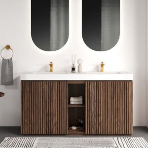 English Elm Emilia 60 Inch Freestanding Oak Vanity with Ceramic Sink and Soft Close Drawers Walnut Brown W1865S00243