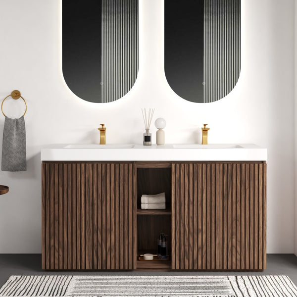 English Elm Emilia 60 Inch Freestanding Oak Vanity with Ceramic Sink and Soft Close Drawers Walnut Brown W1865S00243
