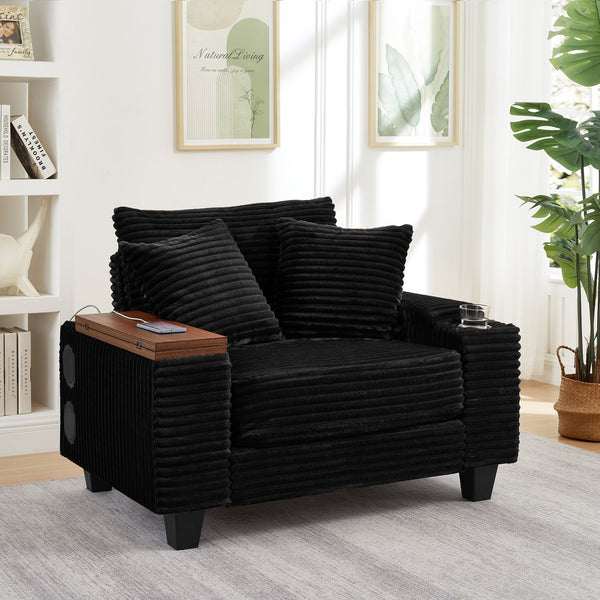 English Elm Fluffy Corduroy Storage Armrest Sofa with Ottoman, Bluetooth Speaker, USB, 180° Swivel Desk Black W3705P349933
