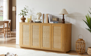 English Elm 64-Inch Wave-Shaped Sideboard With Rattan Doors - Stylish Storage Cabinet For Kitchen & Living Room W1162P309026