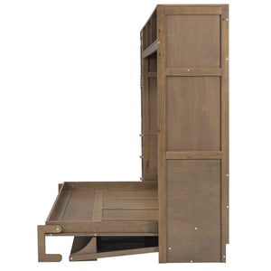 English Elm Full Full Size Murphy Bed with Wardrobe, Drawers & Open Shelves in Antique Wood—Space Saving Solution GX000388AAE