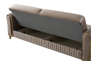 English Elm Melody Velvet Upholstered Sleeper Sofa with Gold Accents, Vertical Channel Tufting, Modern Convertible 92" taupe B009S01831