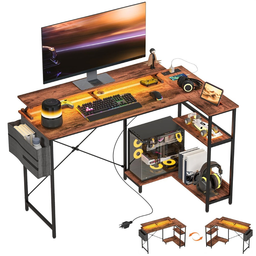 English Elm Homcom Rustic Brown L Shaped Corner Desk with Led Strip Power Outlet Monitor Shelf W2225P485648