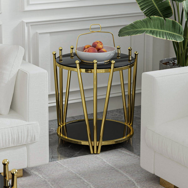 English Elm 19.69inch Gold Round Coffee Table with Crown Frame, 8mm Tempered Glass, Stainless Steel Base, Chic Storage Black W1550P171469