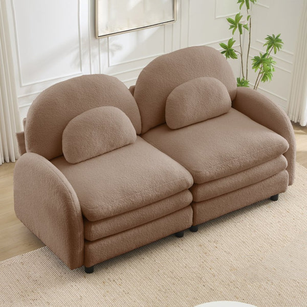 English Elm Teddy Fleece Curved Loveseat Modular Two Seater Sofa with Cloud Soft Double Layer Cushions Camel W5656S00096